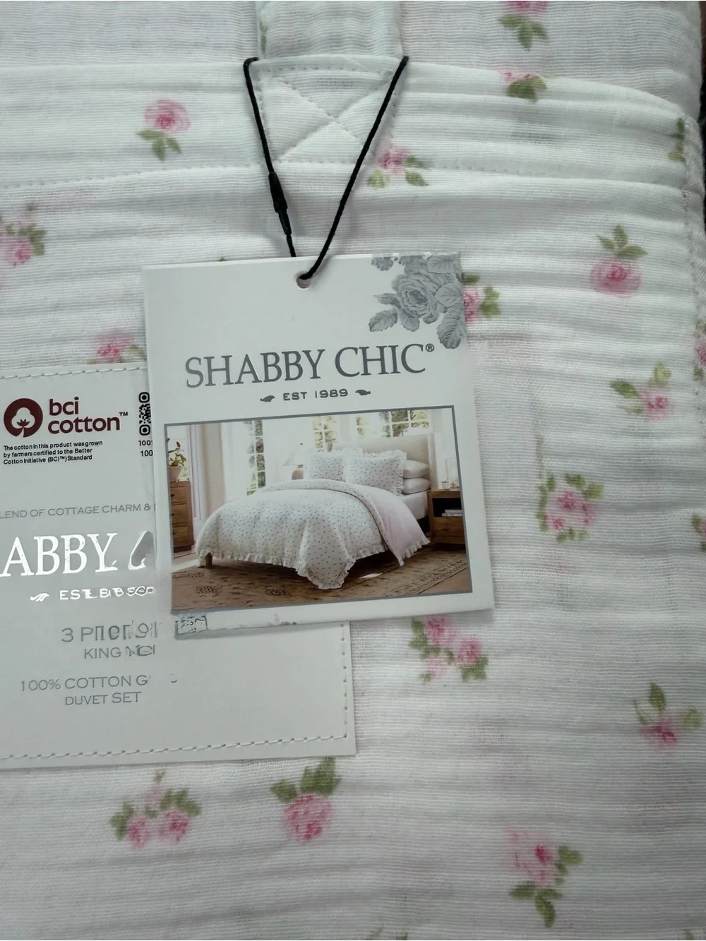 Shabby Chic Pink 3 PC King Gauze Duvet Set Pink Rose with Ruffles ~ Matching Bag - Picture 8 of 16